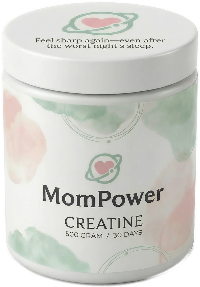 A white MomPower creatine jar with a watercolour label
