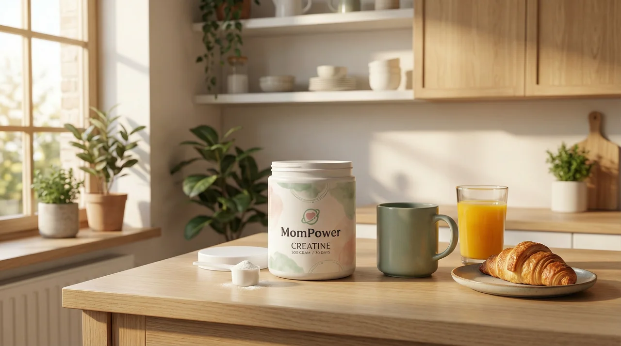 A MomPower jar next to a mug, a glass of orange juice and a croissant on an oak counter