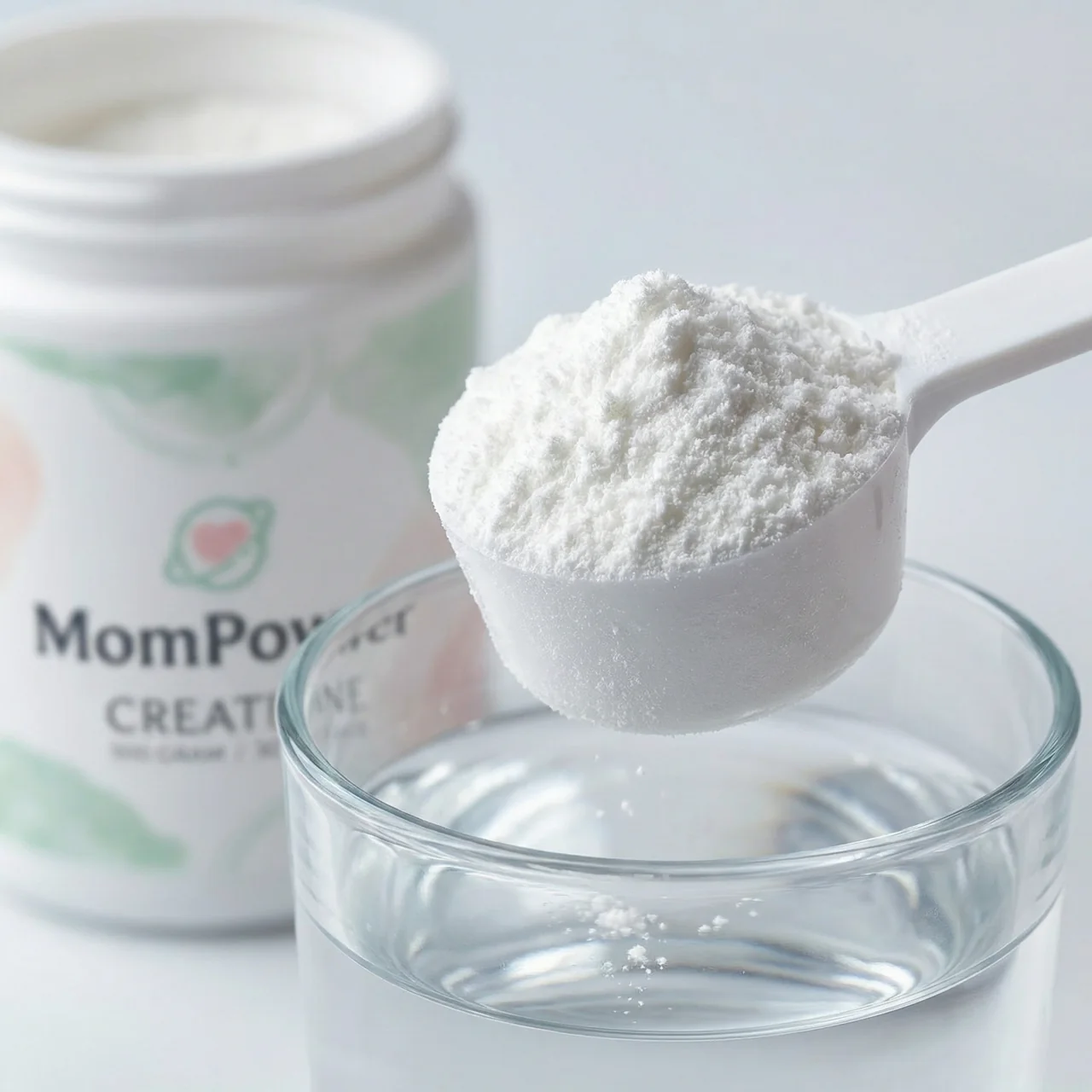 A macro photograph of white creatine powder on a scoop