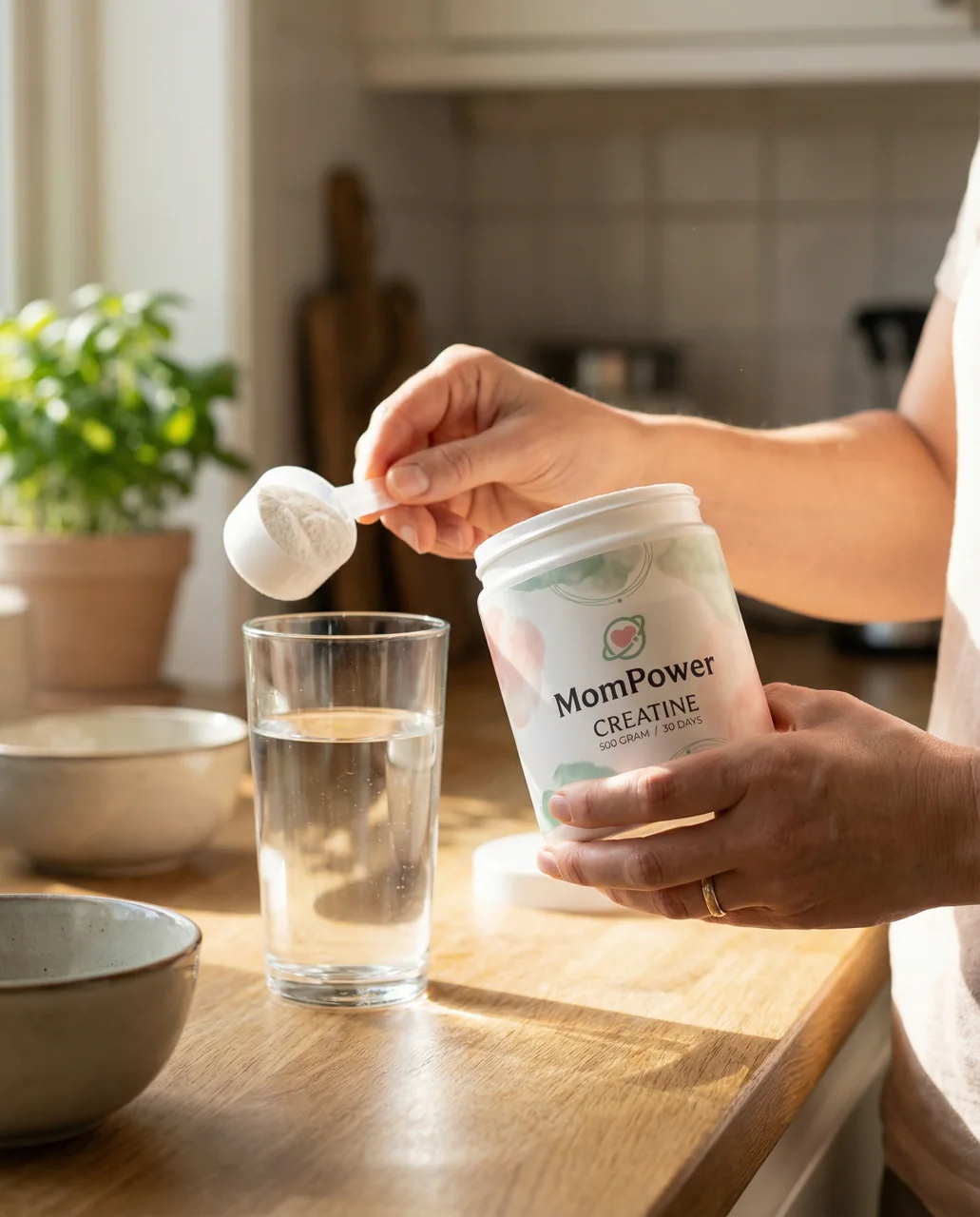A hand tipping a scoop of powder into a glass of water on a sunlit kitchen counter
